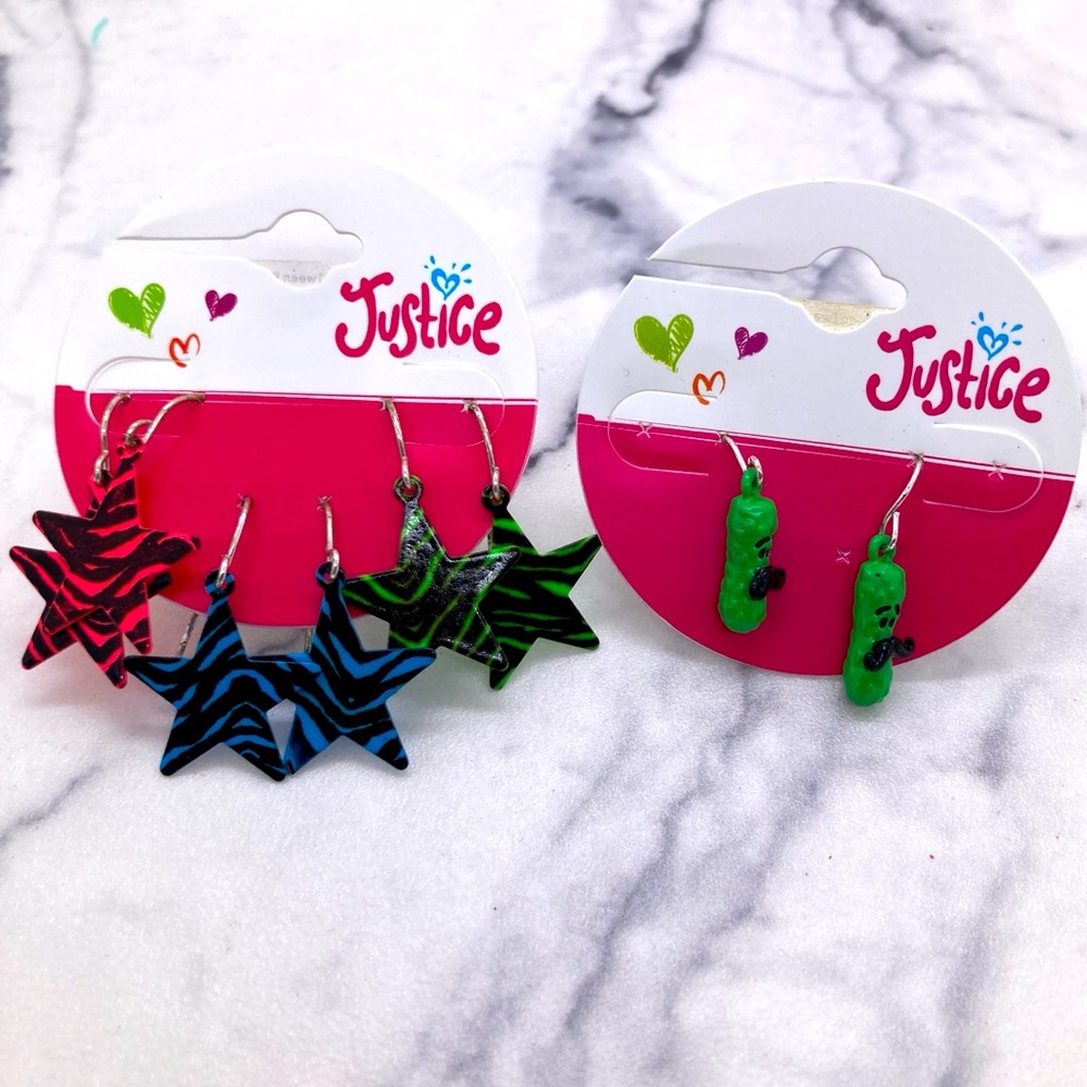 4 Pairs of Justice Earrings Neon Animal Print Stars & Mustache Pickles